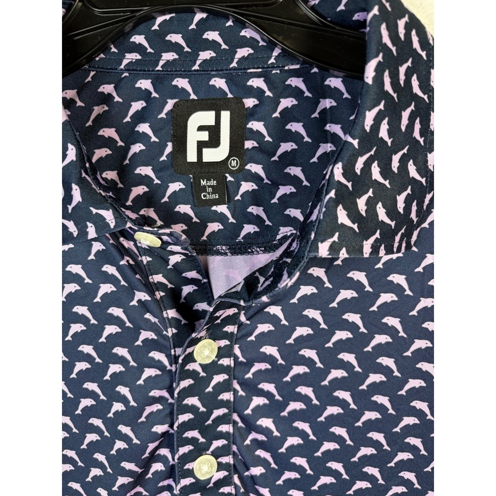 FootJoy Golf Polo Mens Medium Navy Pink Dolphin Print Short Sleeve Shirt